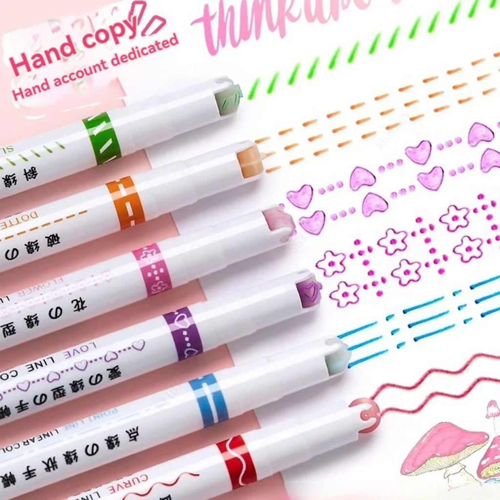 6-24pcs/set Heart Flower Line Shape Highlighter Pen Roller Tip Curve Liner Marker Kawaii Cute Stationery School Supplies