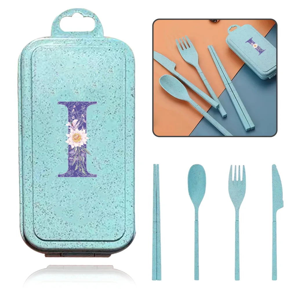 4Pcs Wheat Straw Cutlery Knife Spoon Fork Chopsticks Portable Set Plastic Detachable Dinnerware Purple Flower Letter Pattern