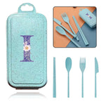 4Pcs Wheat Straw Cutlery Knife Spoon Fork Chopsticks Portable Set Plastic Detachable Dinnerware Purple Flower Letter Pattern