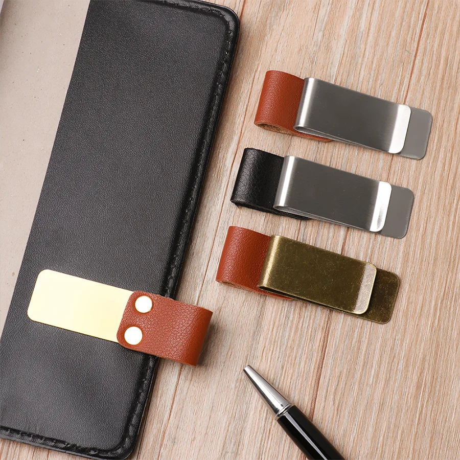 Handmade Leather Brass Stainless Steel Pen Holder Clip Journal Notebook Paper Folder Writing Office Supplies