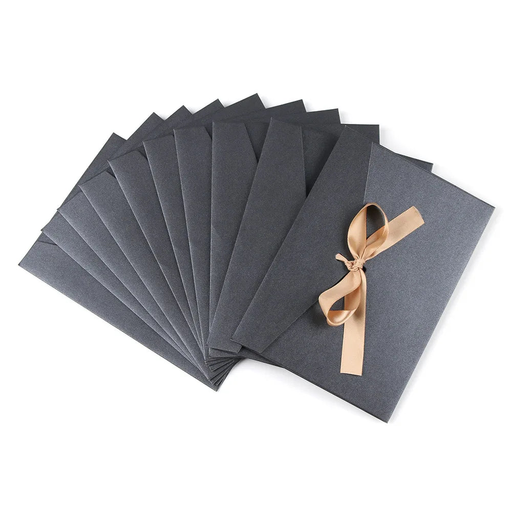 10Pcs Black Envelopes with Bow Ribbon Creative Black Greeting Card Bags Pearlescent Paper Envelop Wedding Invited Card Envelopes