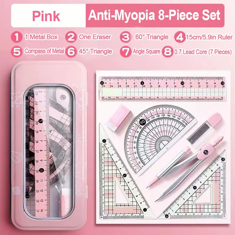 8-Piece Set of Measuring Rules for Students Including Compass Measuring Angle Ruler Triangular Ruler Measuring and Drawing Compl