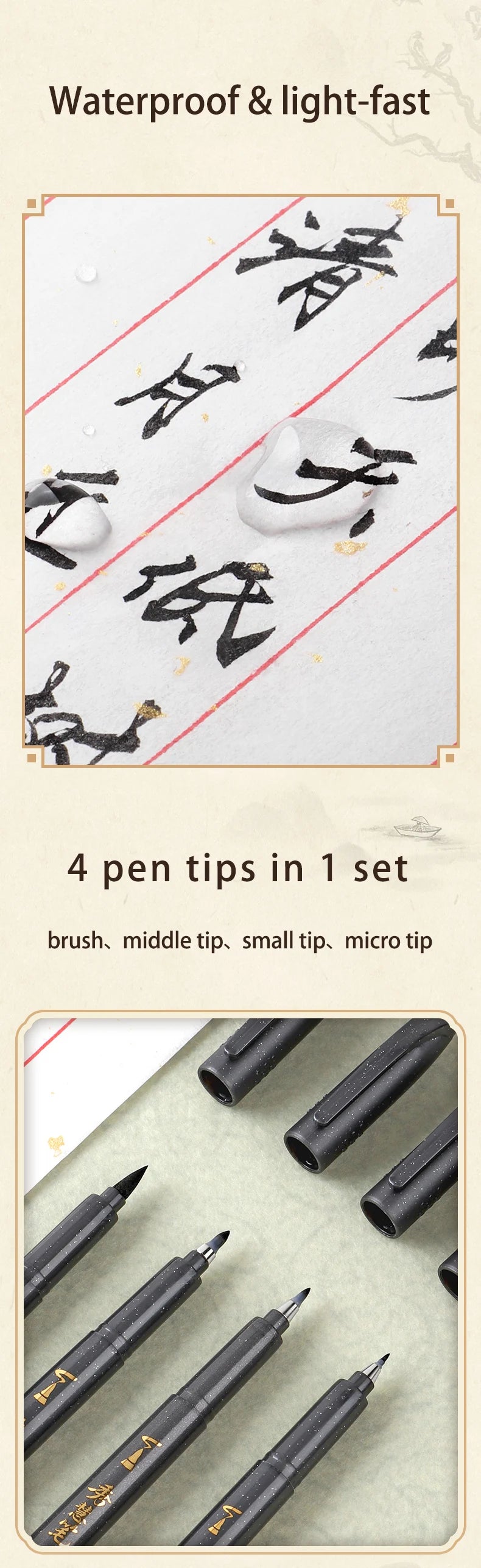 BAOKE 4-Size Calligraphy Pen Set for Writing, Drawing & Hand Lettering, Black Ink Brush Markers for Art, Calligraphy, Sketching