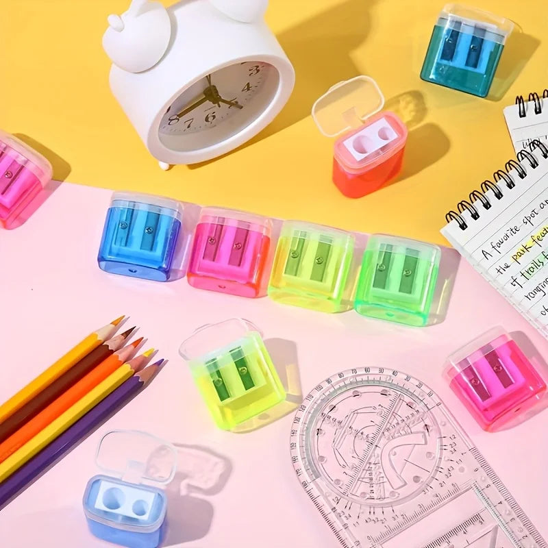 12pcs Pencil Sharpener, Large Barrel with Transparent Lid, Double Barrel with Lid Plastic Pencil Sharpener