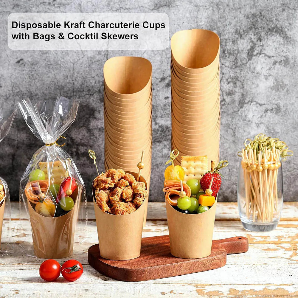 Disposable Charcuterie Cups,14oz Kraft Paper Snack Boxes Appetizers Cup French Fry Holder Cocktail Skewer Toothpicks Tooth Picks