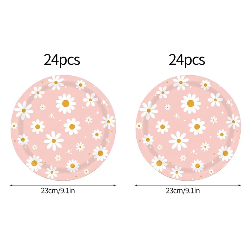 24pcs 7/9inch Pink Daisy Theme Disposable Tableware Flower Plate Napkin Banner Birthday Party Baby Shower Wedding Decor