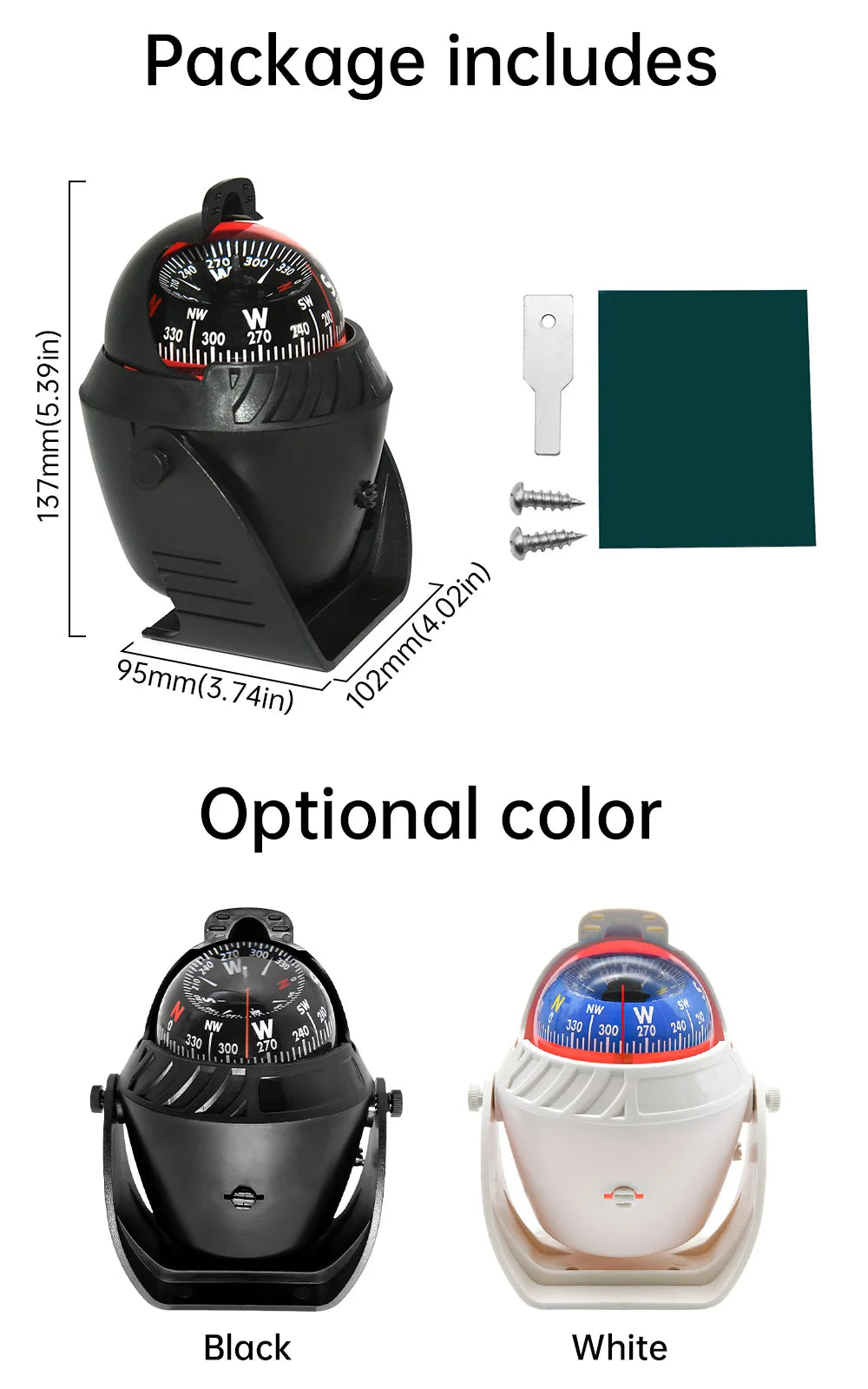 For Boat Yacht Car Waterproof Navigation Compass With Electronic LED Light White/Black Marine Sea Pivoting Marine Compass