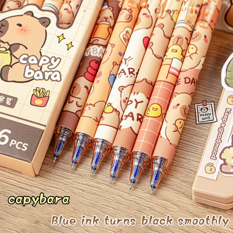 6Pcs Cute Capybara Gel Pen Set Kawaii Quick Drying Erasable Blue Ink Pens For School Office Stationery Supplies