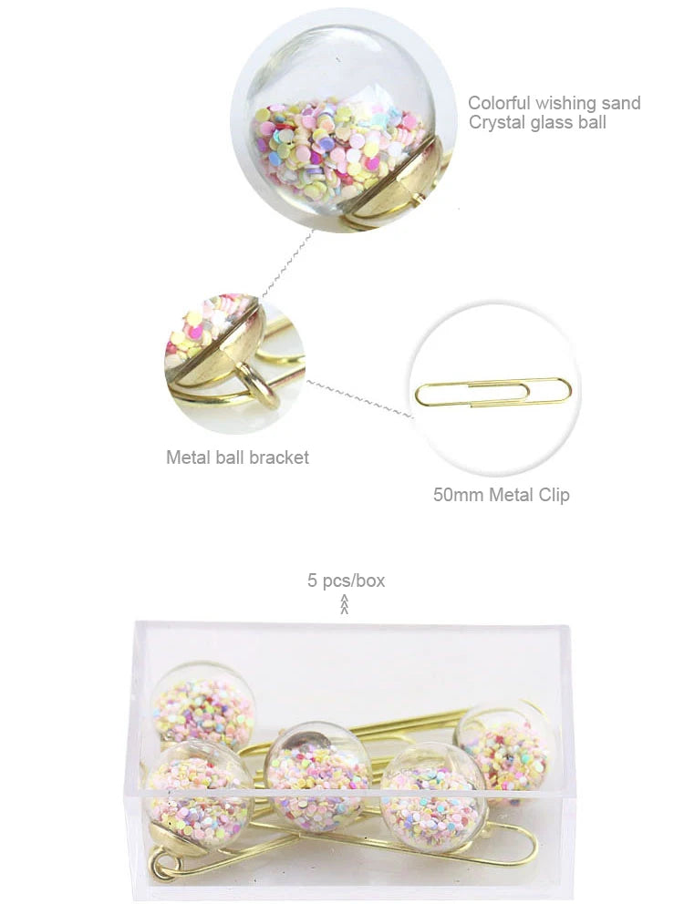 5 Pcs/Set Quicksand Crystal Ball Paper Clip DIY Metal Notes Letter File Binder Clips Bookmarks Office Desktop Storage Stationery