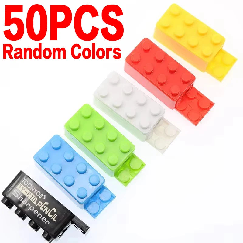 Cartoon Plastic Building Blocks Pencil Sharpener 5/50pcs Set for Children Office School Stationery Supplies Random Selection