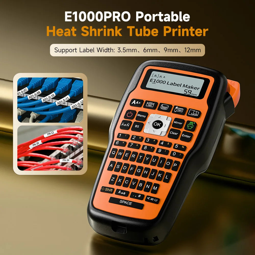 Industrial Label Printer E1000 PRO Portable Heat Shrink Tube Label Printer Compatible Brother HSE-231 HSE-631 for Marking Cable