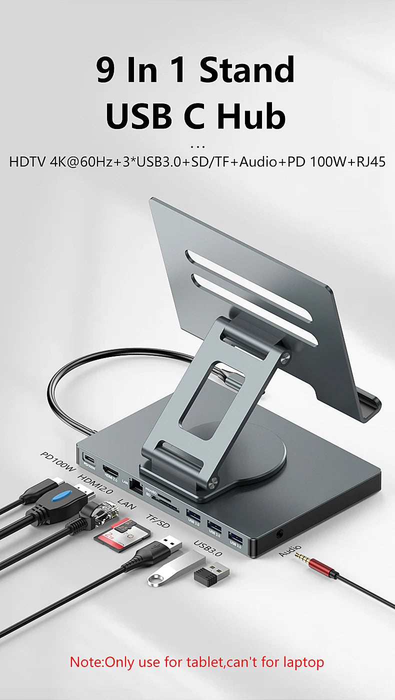 Blueendless Ipad Stand USB C Hub 4K 60HZ HD Type-C 100W PD SD/TF Slot Reader USB 3.0 5Gbps 9 In 1 Type-C Hub Ipad Holder