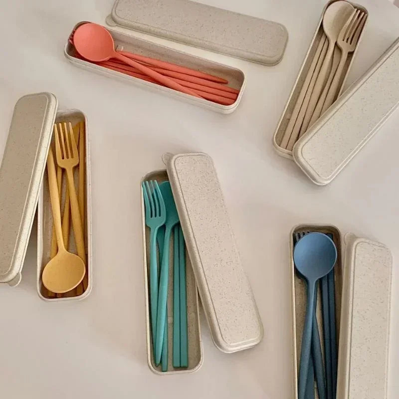 4 Pcs/Set Cutlery Wheat Straw Spoon Fork Chopsticks Box Tableware Portable Dinnerware Accessories Household Fashion Tableware