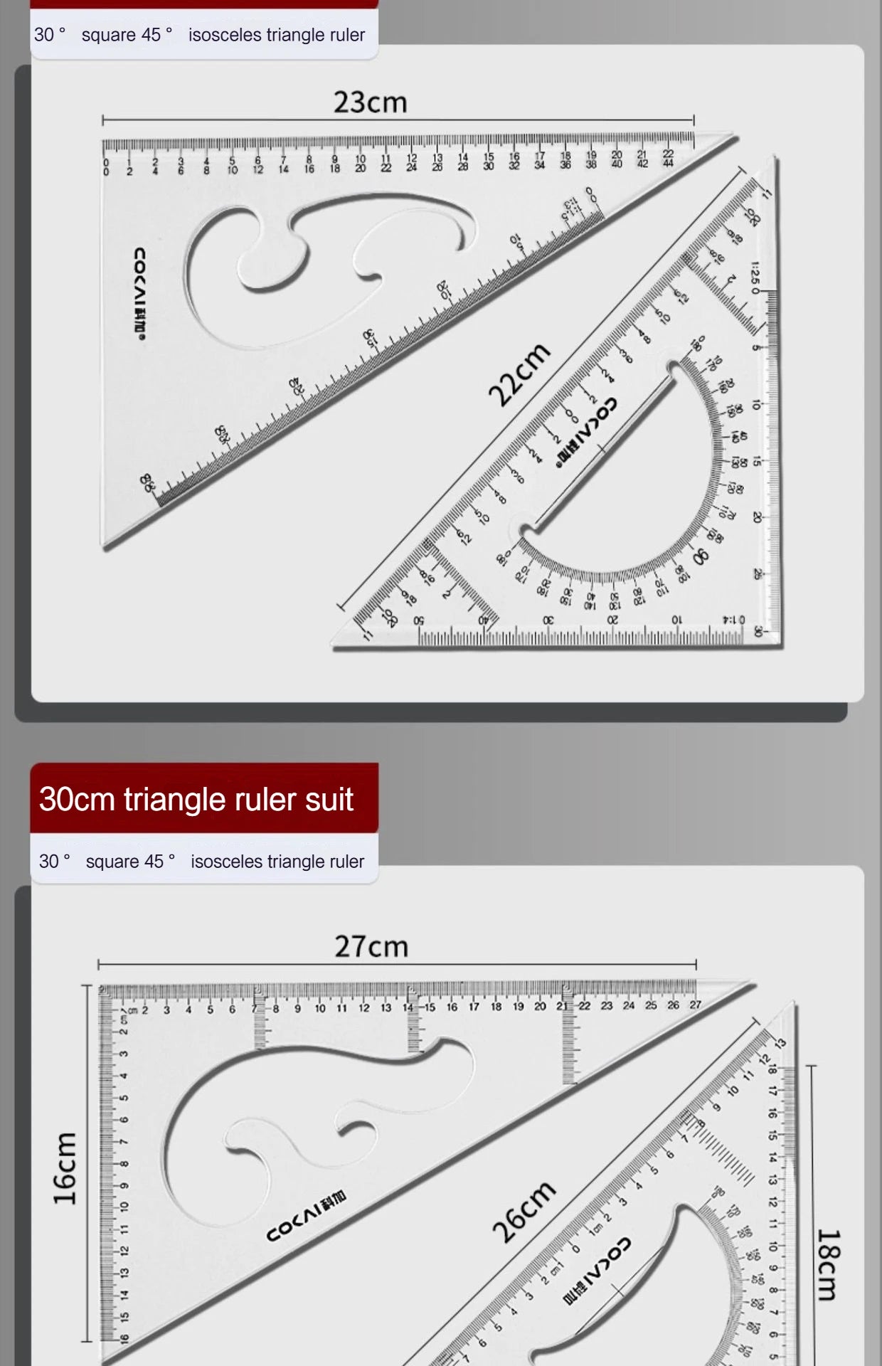 2Pcs/Set Multifunctional Triangle Ruler 30/45 Degree Measurement Angle Isosceles Triangle Ruler Geometry Students Drafting Tool