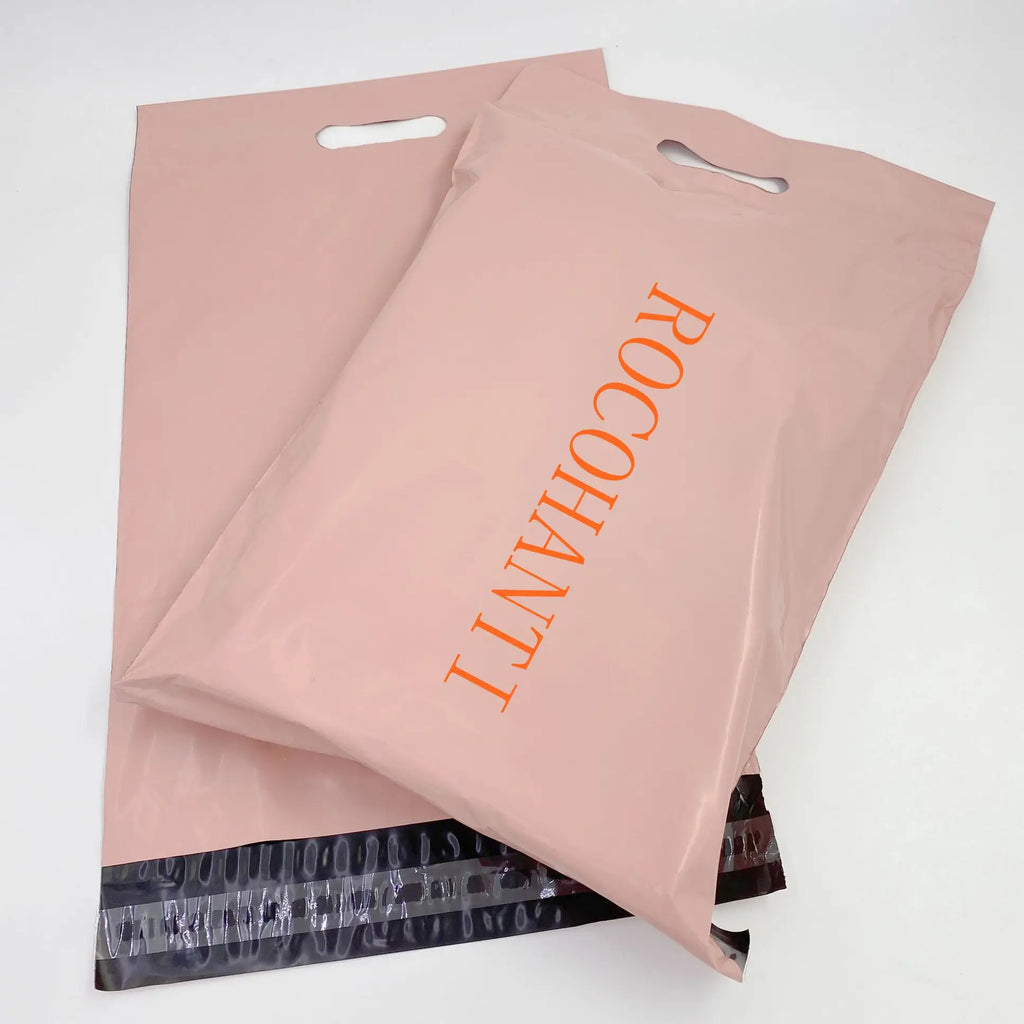 100x Custom LOGO Poly Mailing Bag Pink Mailers Envelopes Plastic Postal Bag Shipping Packages with Handle for Clothing Packaging