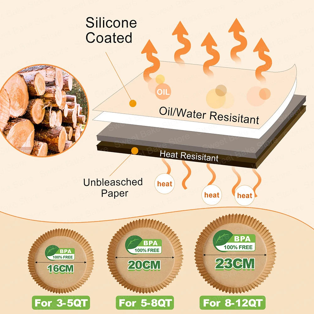 16/20/23CM Round Air Fryer Disposable Baking Paper Liners Non-Stick Oil-proof Parchment Paper Mat For 3-12QT Steamer Container