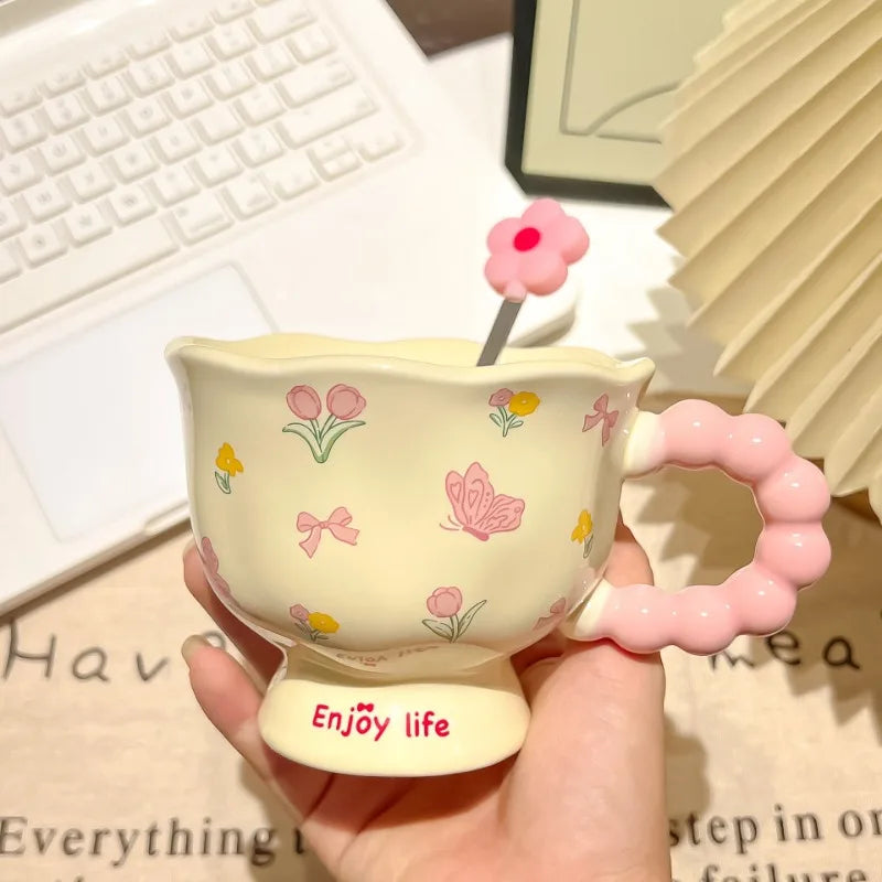 Girls Birthday Gift Souvenir Coffee Cup Mugs Coffee Cups Creative Flower Mug Household Ceramic Cup High Value Water Cup