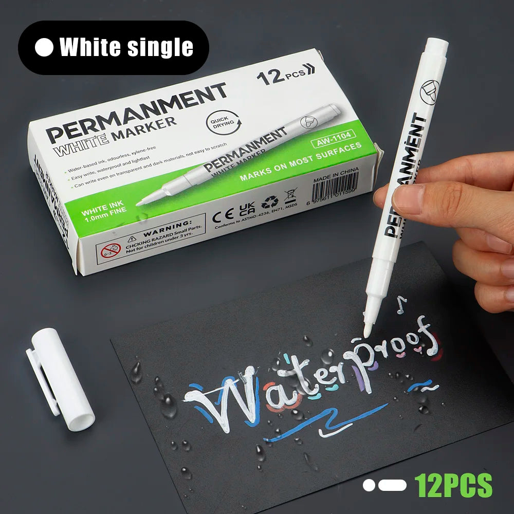 3/6/12 Pcs Waterproof Marker Pen White Black Inks  2mm Tip For Rock Painting Stone Ceramic Glass Wood Tire Fabric Metal Canvas