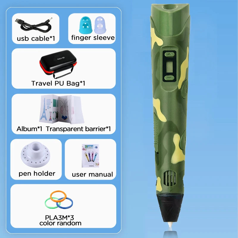 3D Pen With LCD Screen Compatible PLA Filament Toys 3D Drawing Printing Pen for Children DIY Christmas Birthday Gift