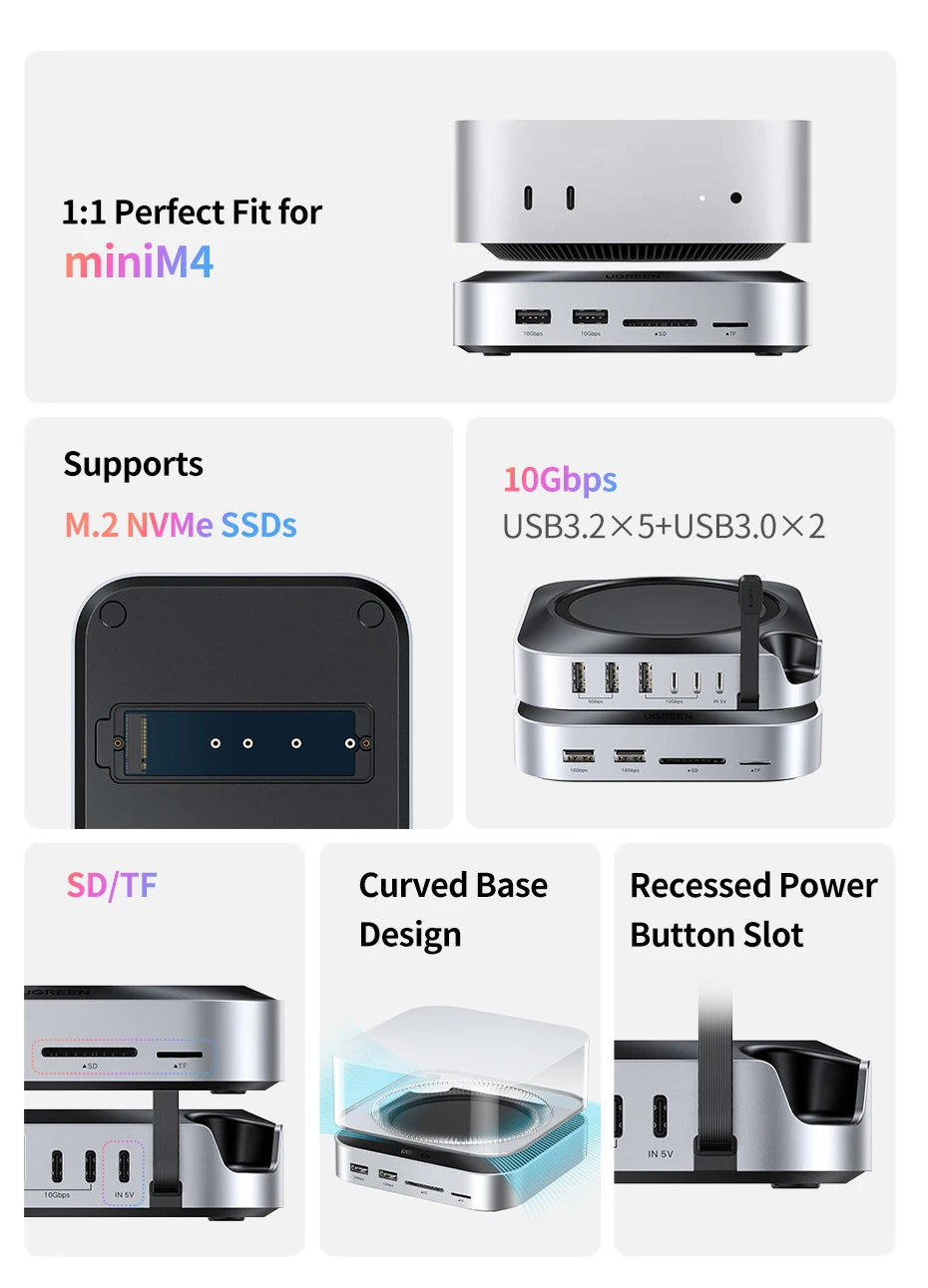 UGREEN USB HUB Docking Station for Mac Mini M4 M4 Pro M.2 NVMe SSD 8TB Max 10Gbps USB-A&C Ports SD&TF 170MB/s USB Splitter Dock