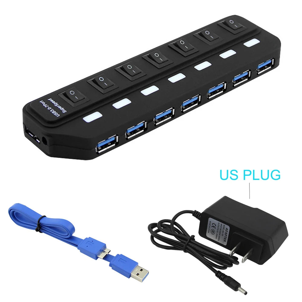 USB 3.0 HUB Multi USB Splitter 4/7 Port Expander High Speed USB 3.0 Hab with Power Adapter USB 3.0 Hub with Switch for Laptop PC