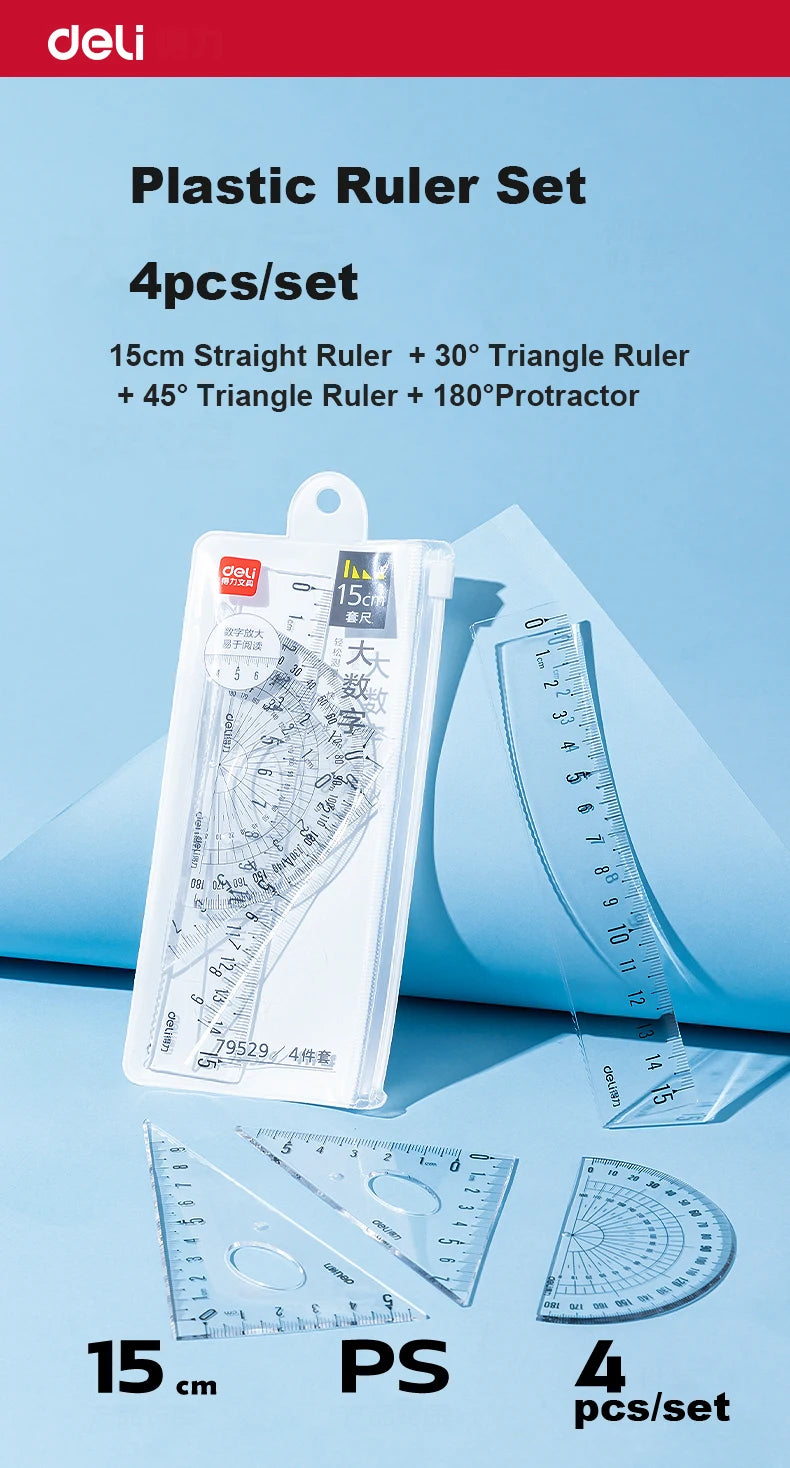 Deli 4Pcs Student Ruler Set Transparent Plastic Straight Ruler Triangle Protractor for Kids School Office Home Supplies