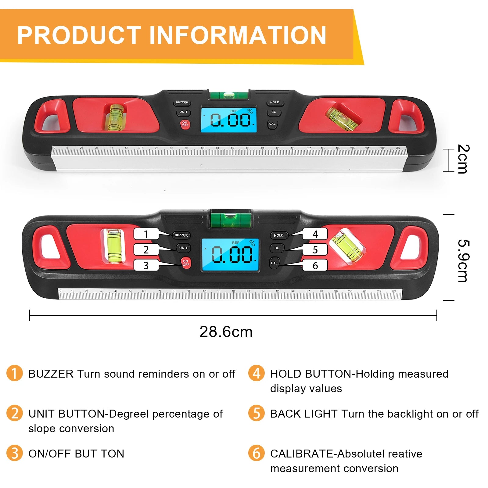 Digital Level Inclinometer Electronic LED Display Protractor Magnetic Base Digital Level Measuring Tool Instrument 280mm HW-200