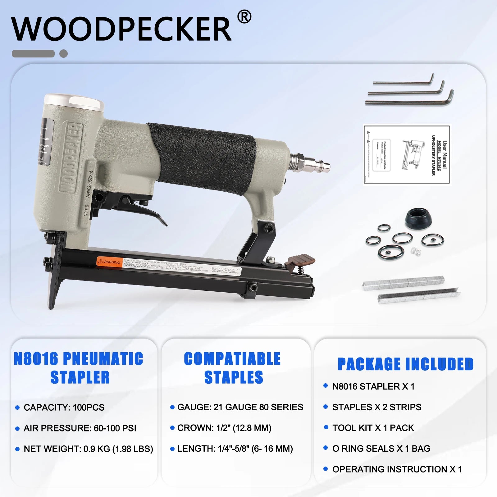 8016 21 Gauge Continuous Pneumatic Firing Upholstery Stapler 8016 Fine Wire Stapler for Woodworking  Picture Frames Cabinets