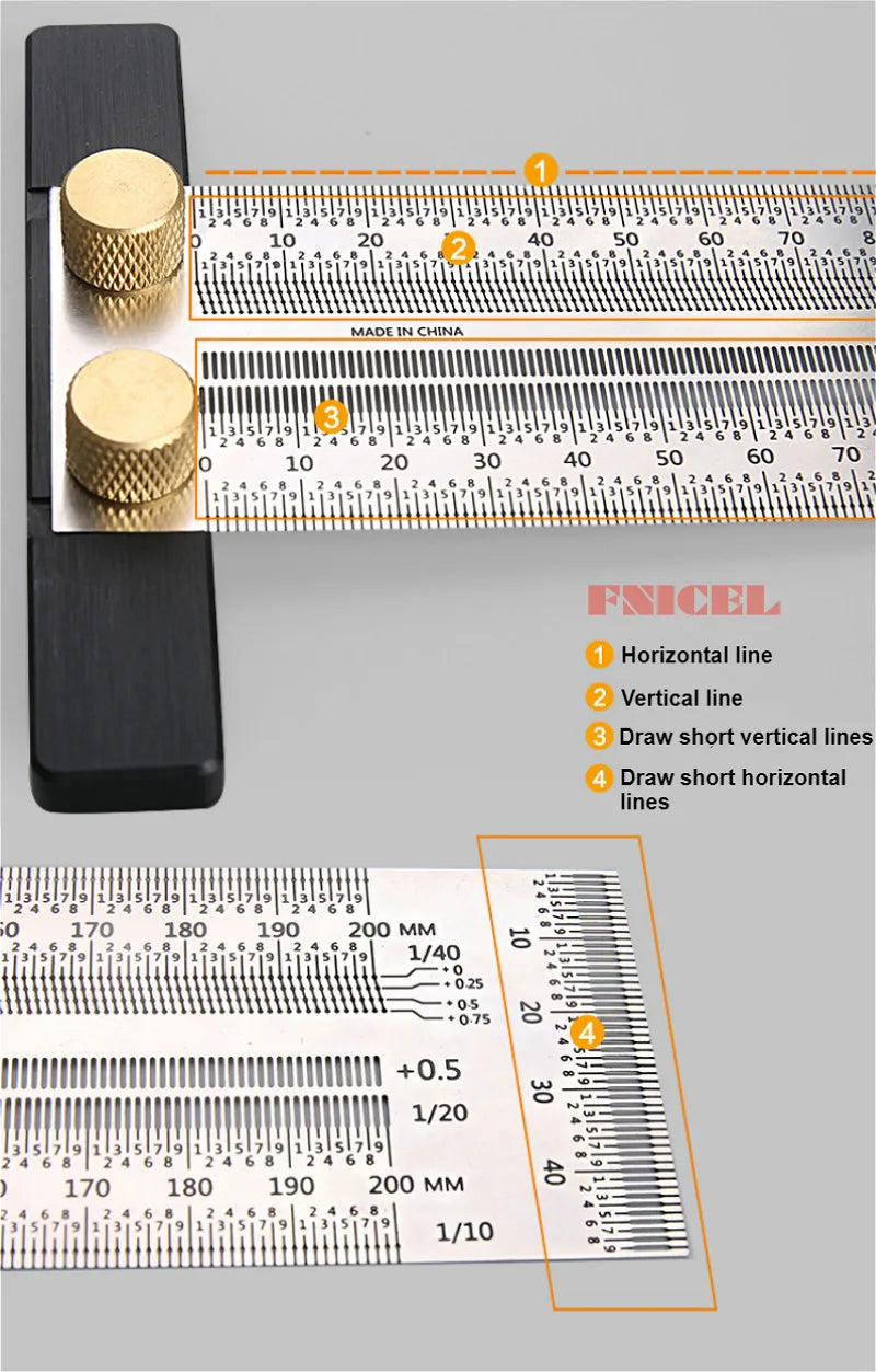 Precision Marking Ruler 200/300/400mm Stainless Steel Marking T-Rule 180mm Angle Ruler Automatic Pencil Scribing Mark Line Gauge
