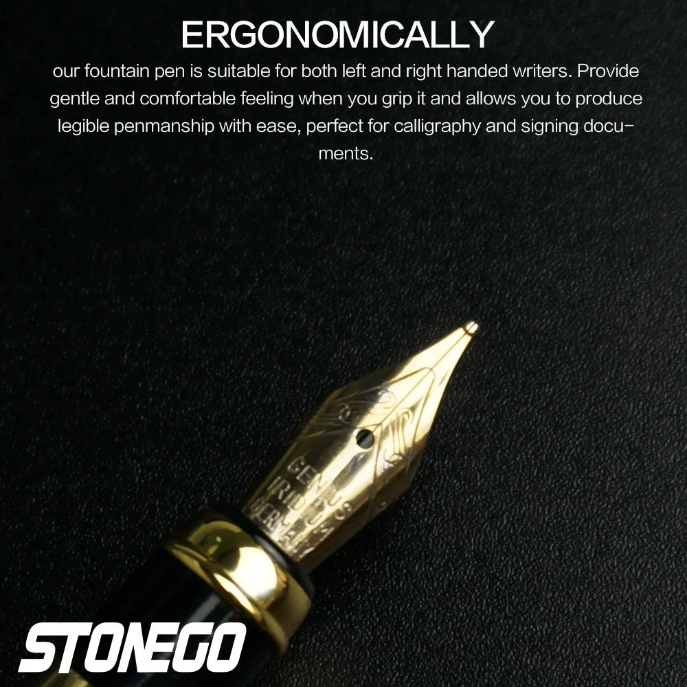 STONEGO 0.38mm Extra Fine Nib Fountain Pen, Black Metal Calligraphy Writing Gift Pen