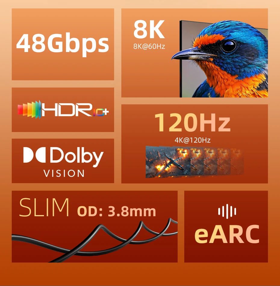 CABLETIME 8K Slim HDMI 2.1 Cable HDMI to HDMI Cable 8K@60Hz 4K@120Hz Ultra HD Resolution 3.8mm Width for Laptop Lenovo Dell