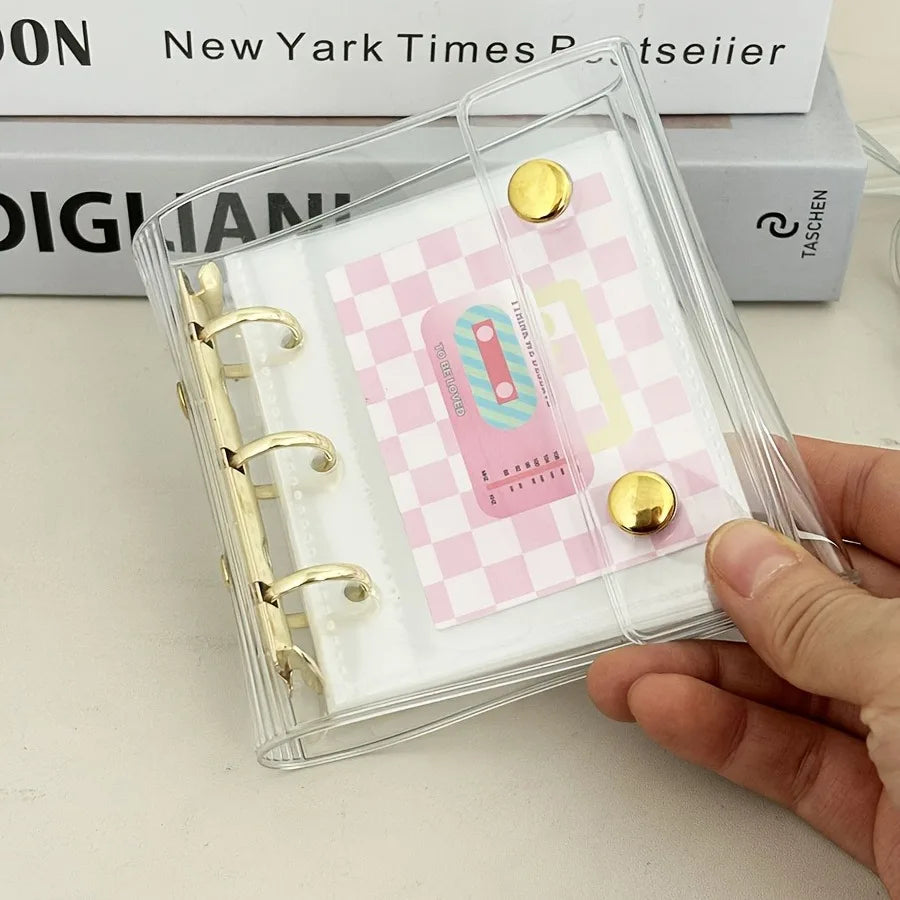 Mini Transparent 3 Ring Binder Covers, Beaded Storage Soft Notebook Closure Loose Leaf Folder Round Ring Cover Protector Button