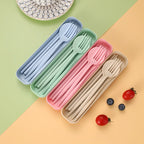4PCS/Set Wheat Straw Tableware Box Spoon Fork Chopsticks Cutlery Dinnerware Children Adult Travel Portable Kitchen Accessories