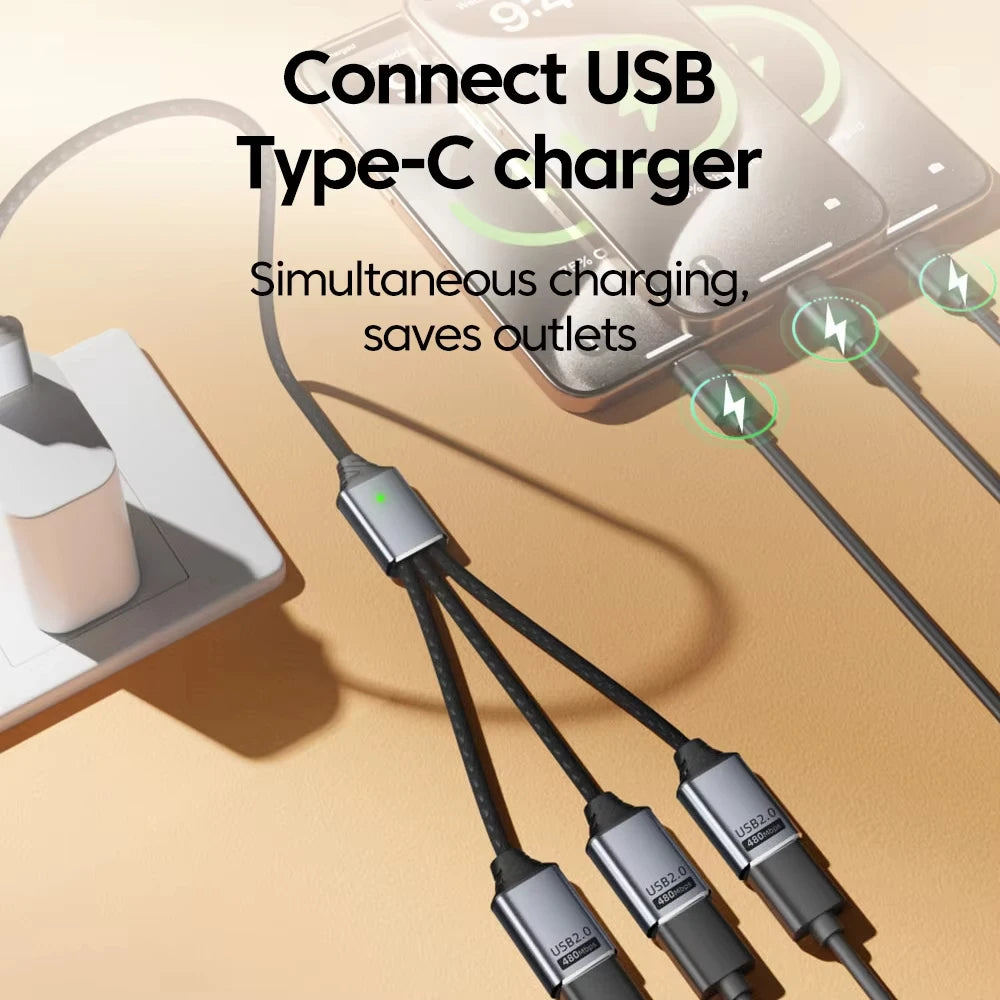 NNBILI 3 in 1 USB A/Type C Splitter HUB Expansion Cable Multi Port Expander Phone Charger  Adapter OTG Charging For Phone Table