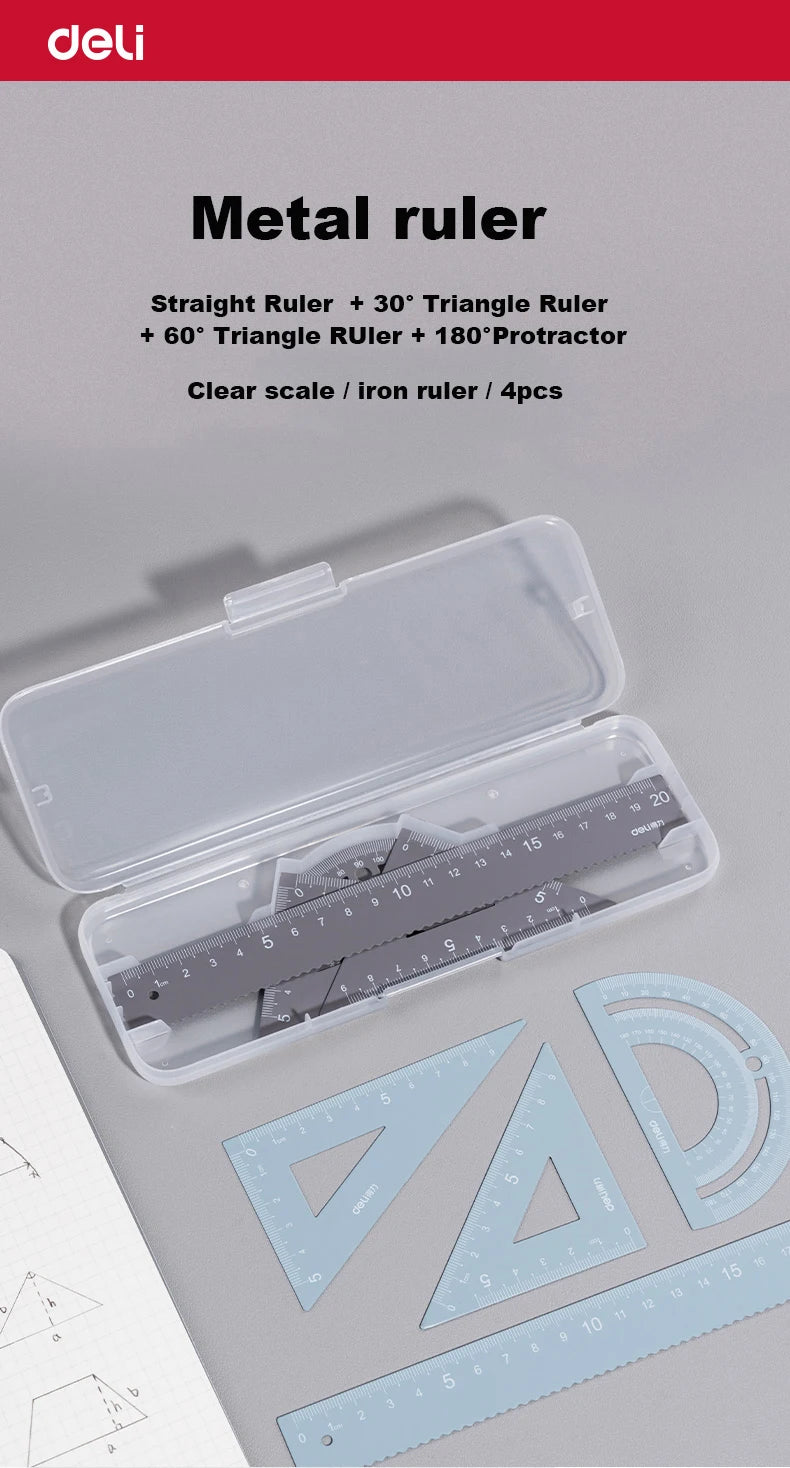 Deli 4Pcs Metal Ruler Set Multifunctional Straight Triangle Ruler Protractor Math Geometry Kit for School Kids Drawing Measuring