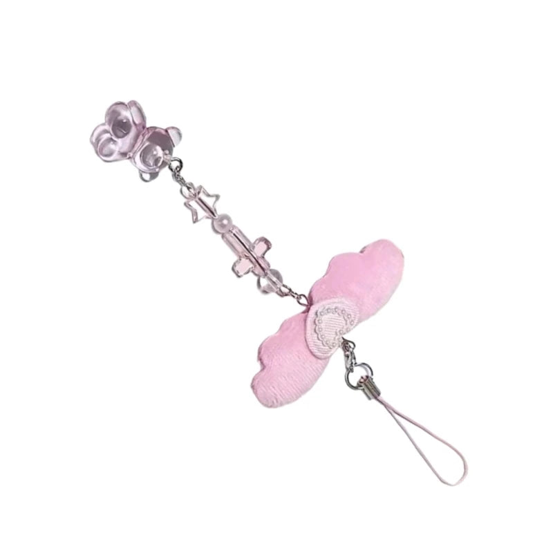 Sweet Bowknot Pendant Phone Chain Rope Wing Keychain Handmade Cellphone Strap Lanyard Acrylic Keyring Bag Ornament