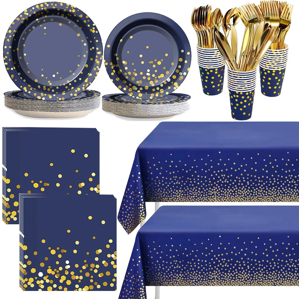Blue Black Gold Party Decorations Blue and Gold Disposable Tableware Set Paper Plates Cups for Birthday Wedding Party Supplies