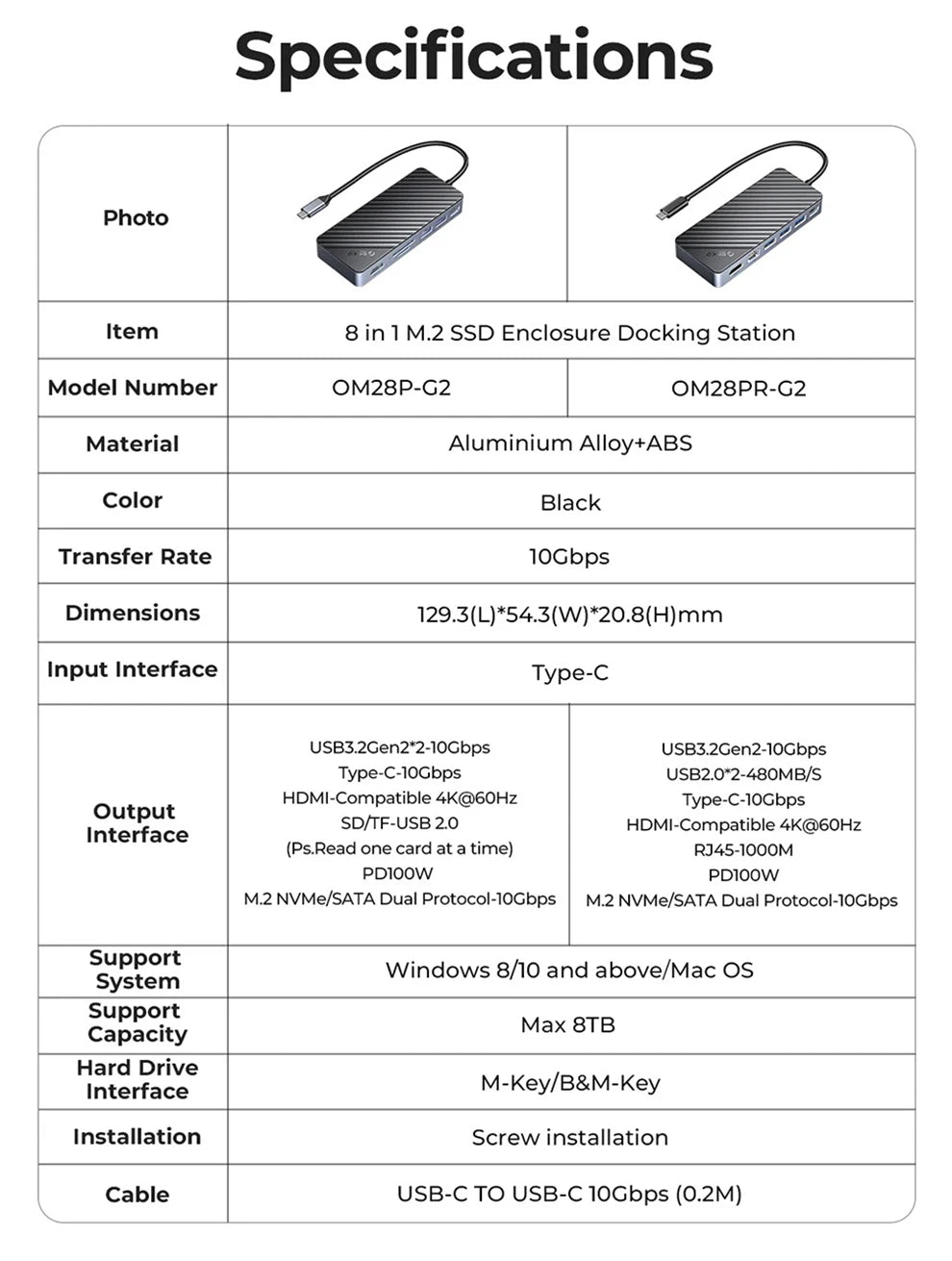 ORICO M.2 SSD Enclosure USB C Hub Splitter PD100W Extension Docking Station 10Gbps M2 NVMe SATA External Case 4K 60Hz HDMI-Com