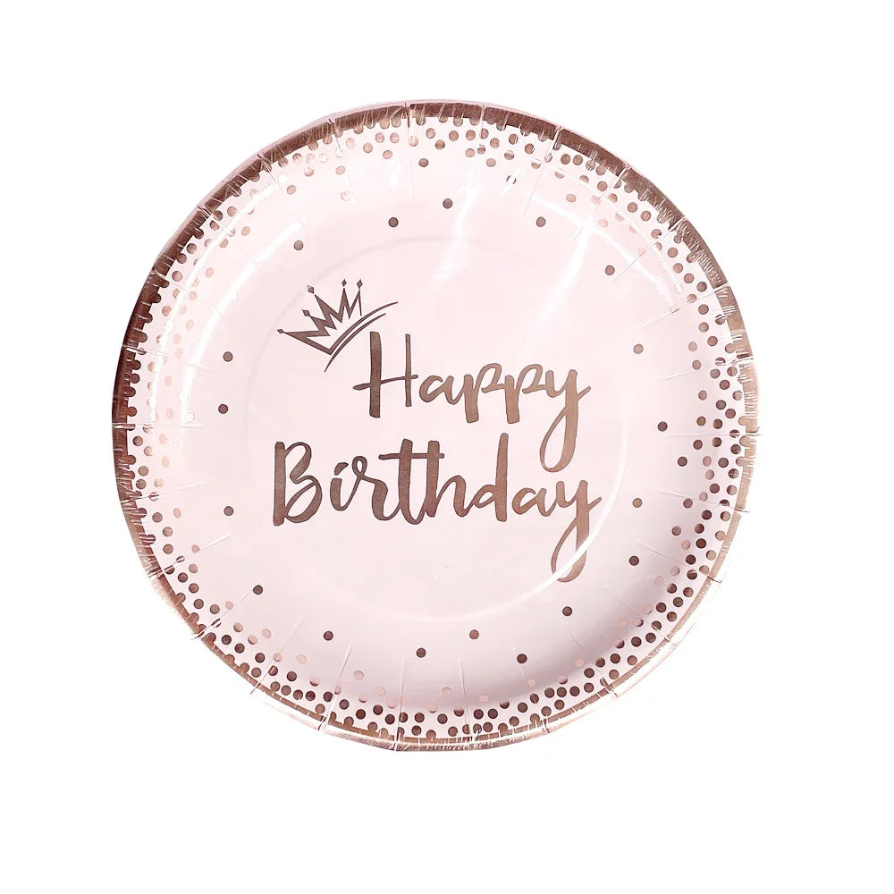 New Rose Gold Birthday Party Paper Tableware Disposable Set,Come with Dining Plate,Napkin Cup and Straw Party Supplies Tableware