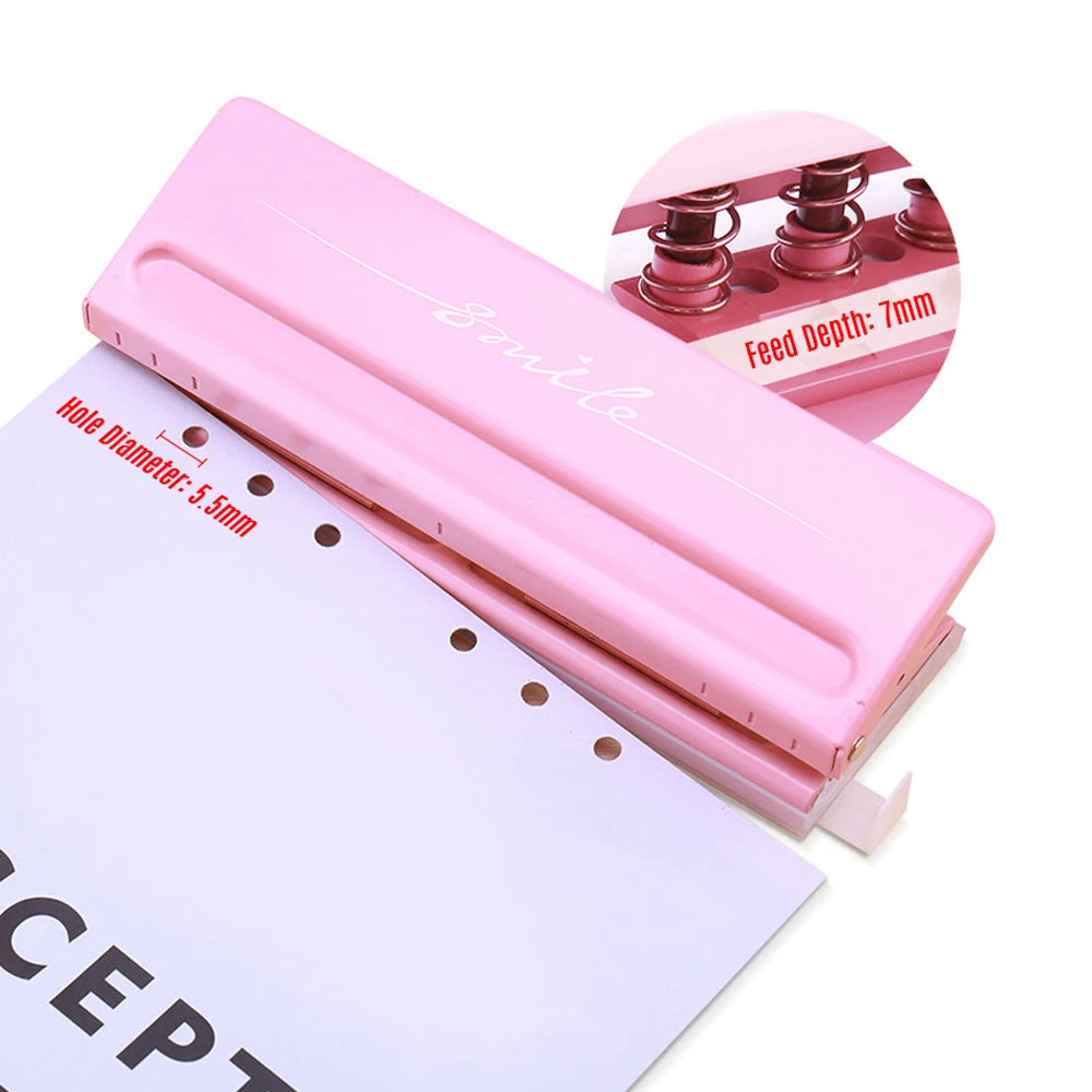 Adjustable 6-Hole Desktop Punch Puncher for A4 A5 A6 B7 Dairy Planner Organizer Six Ring Binder with 6 Sheet Capacity