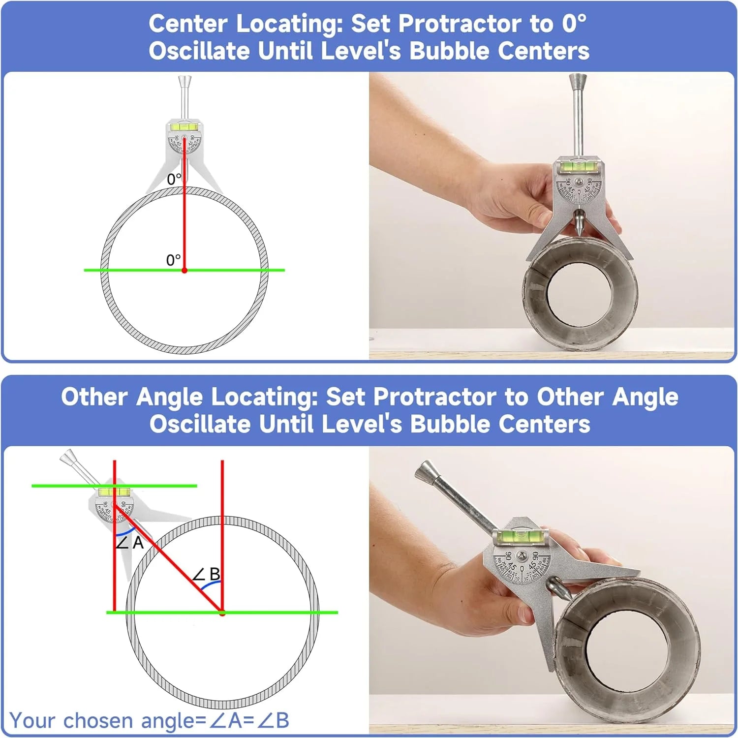 Pipe Center Finder Measure Adjustable Dial Bubble Protractor Measure Pipe Diameter Over 1/2" and Upand up With 4" Y Type Base