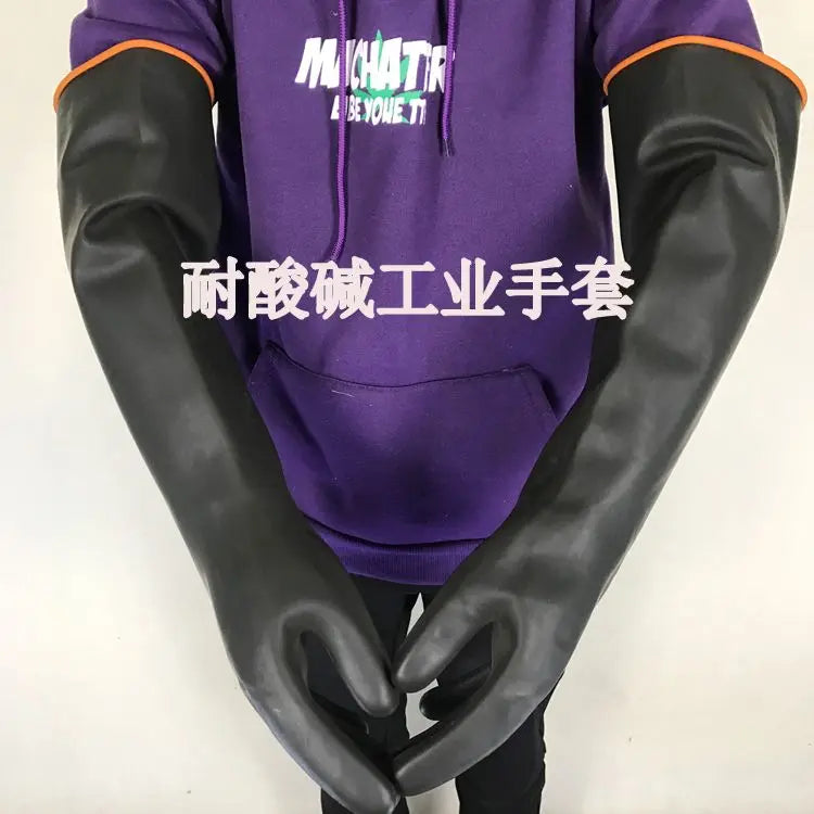 Acid and alkali resistant black lengthened anti-corrosion waterproof industrial latex thickened rubber gloves