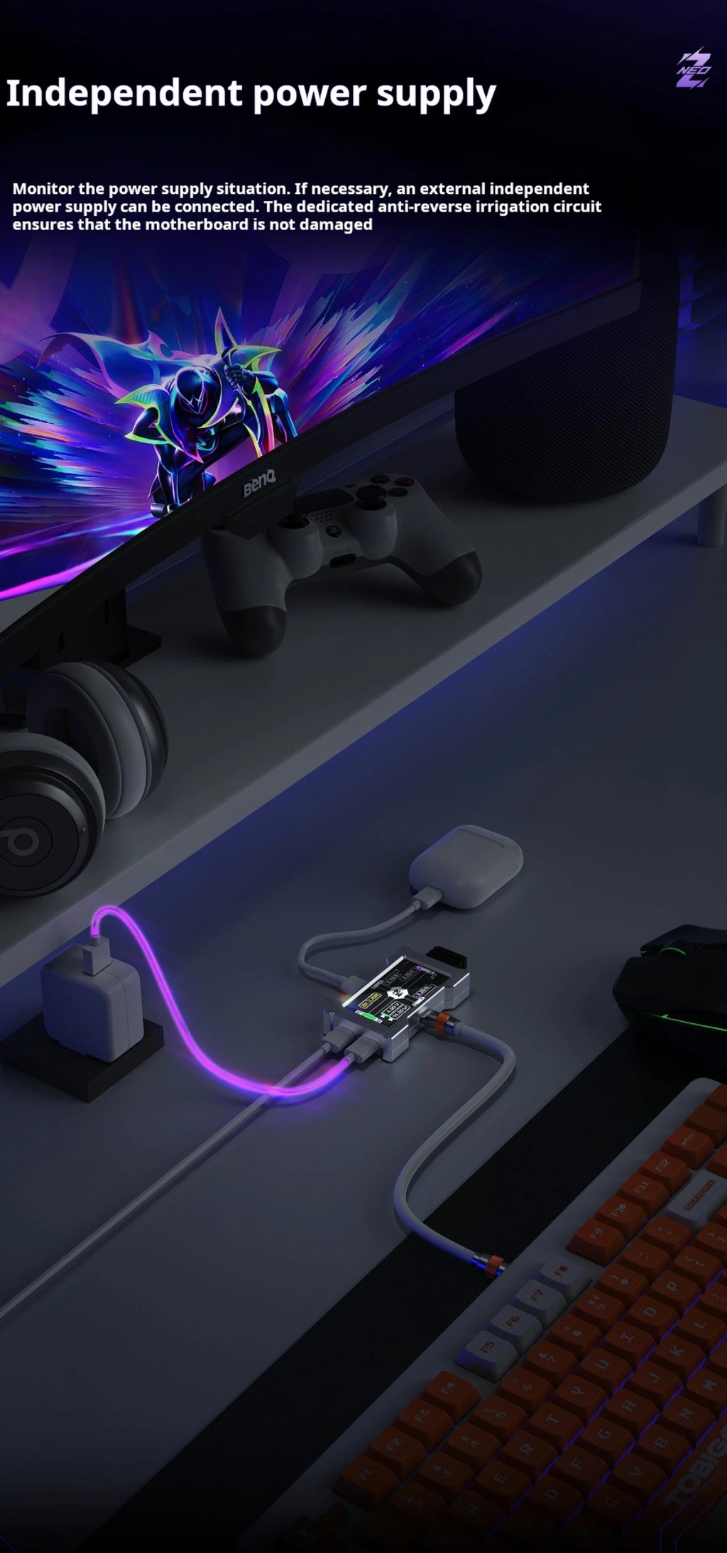 HMLAB ZNEO Gaming USB Hub - 2-to-3 Port, 8K Hz, Independent Power, With Screen, Trendy for Gaming Ambience Desk Setup