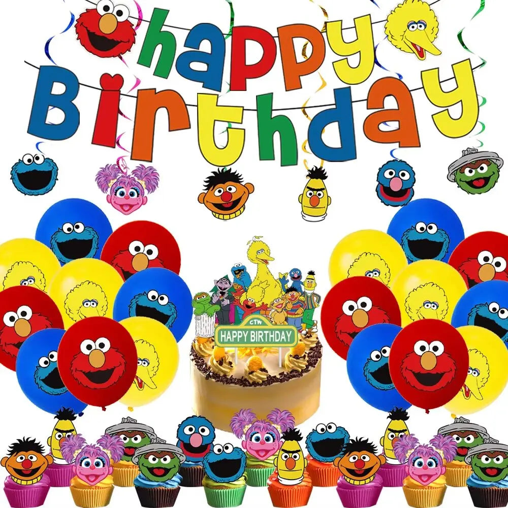 Cartoon SEsame-Streets Birthday Party Set Supplies Kids Disposable Tableware Balloon Cake Topper Banner Plates Decoration
