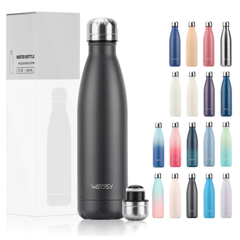 WATERSY 500ml Stainless Steel Water Bottle Insulated Vacuum Flask Double Wall Thermal Cup Keep Cold Hot Sports Kettle