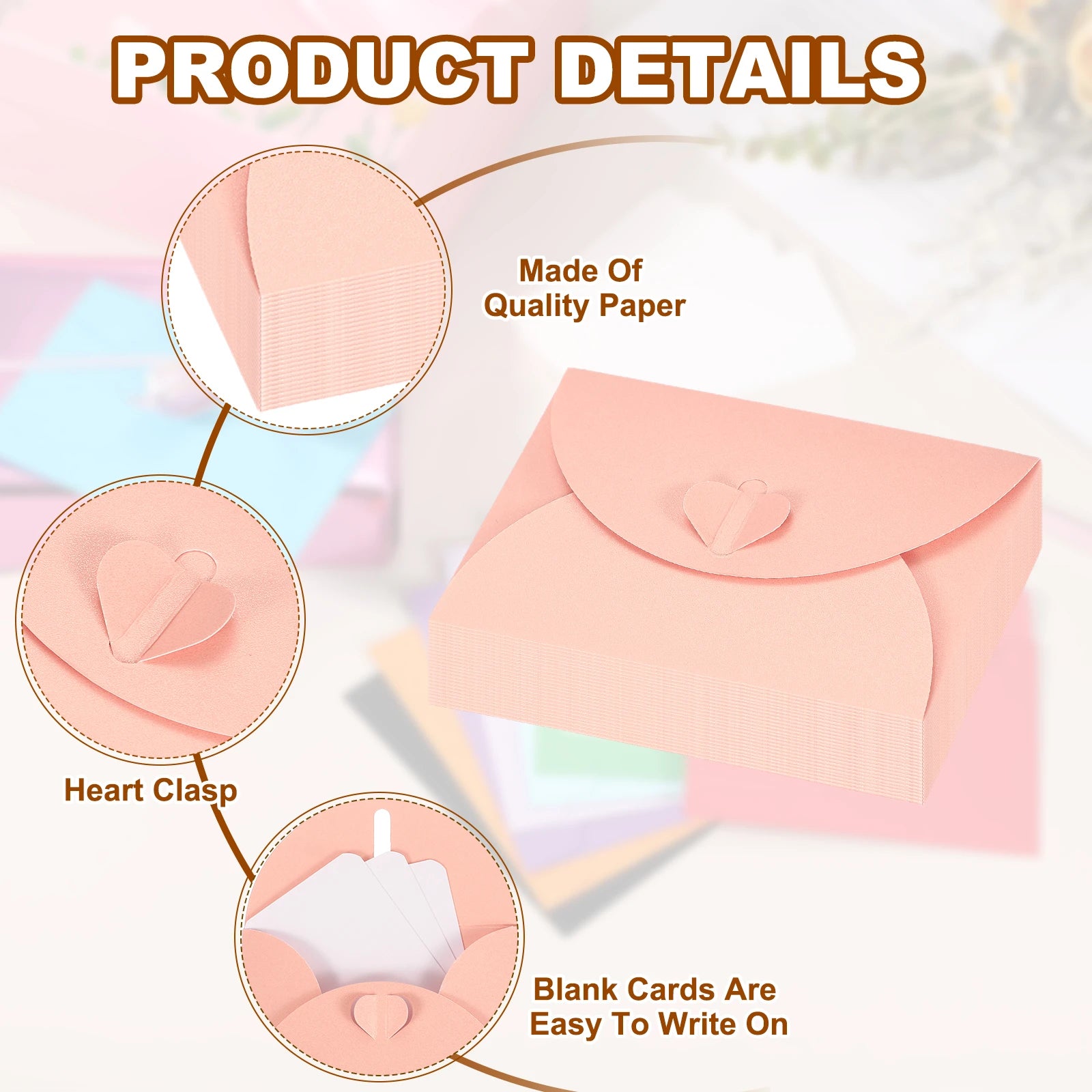 25Sets Mini Envelopes with Heart Clasp 9x5.4cm Blank Note Cards with 10.5x7.5cm Envelopes for Gift Wedding Invitation Graduation
