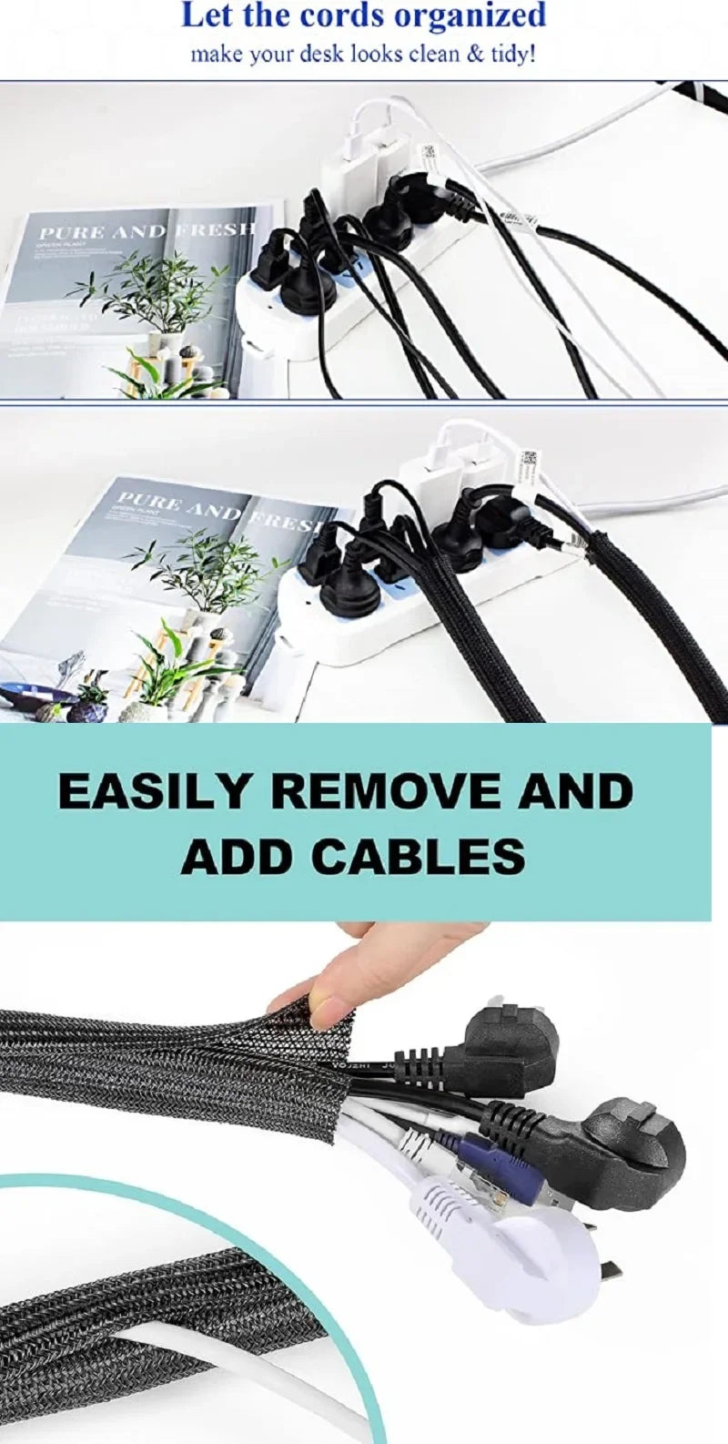 1m 3m 5m Braided Cable Sleeve Pet Nylon Wrapping Case Cover for Desk PC TV Wire Protector Cable Management Wrap