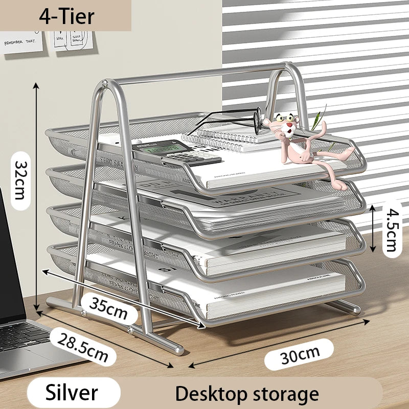 Sliding Paper Tray Organizer Metal Mesh Desktop File Storage Rack Document Letter Holder for Office Home School Classroom