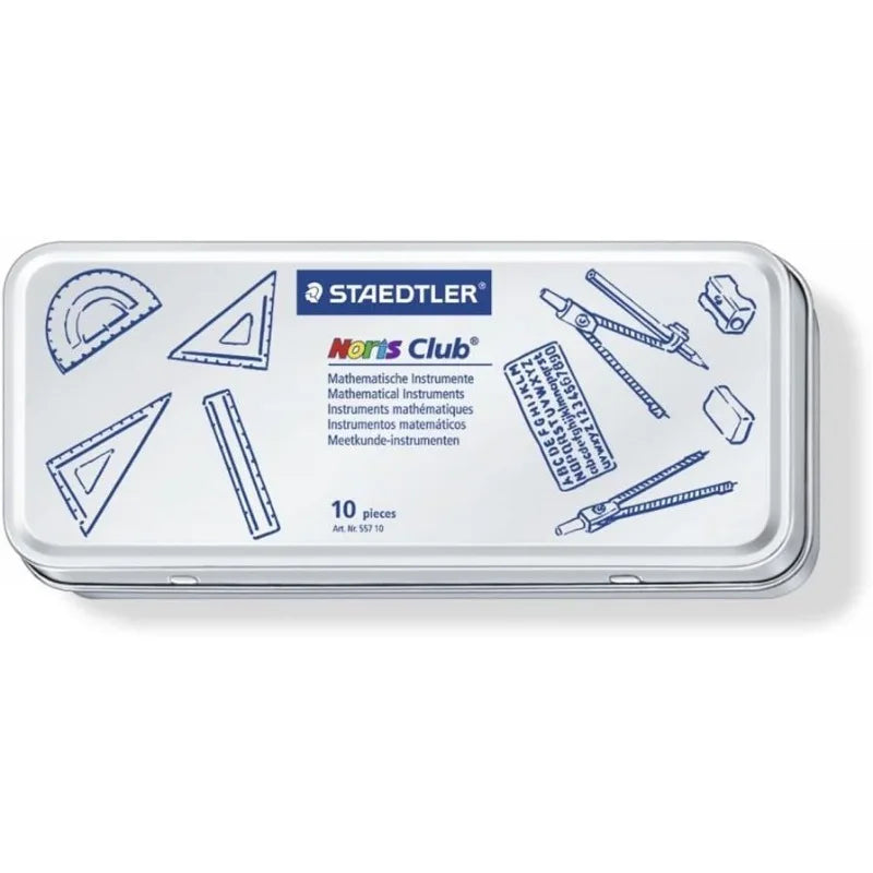 STAEDTLER 10-Piece Math Set with Metal Compass, 6" Ruler & Triangle Squares, 45° & 30/60° Set Squares, Alphabet Stencil Tool