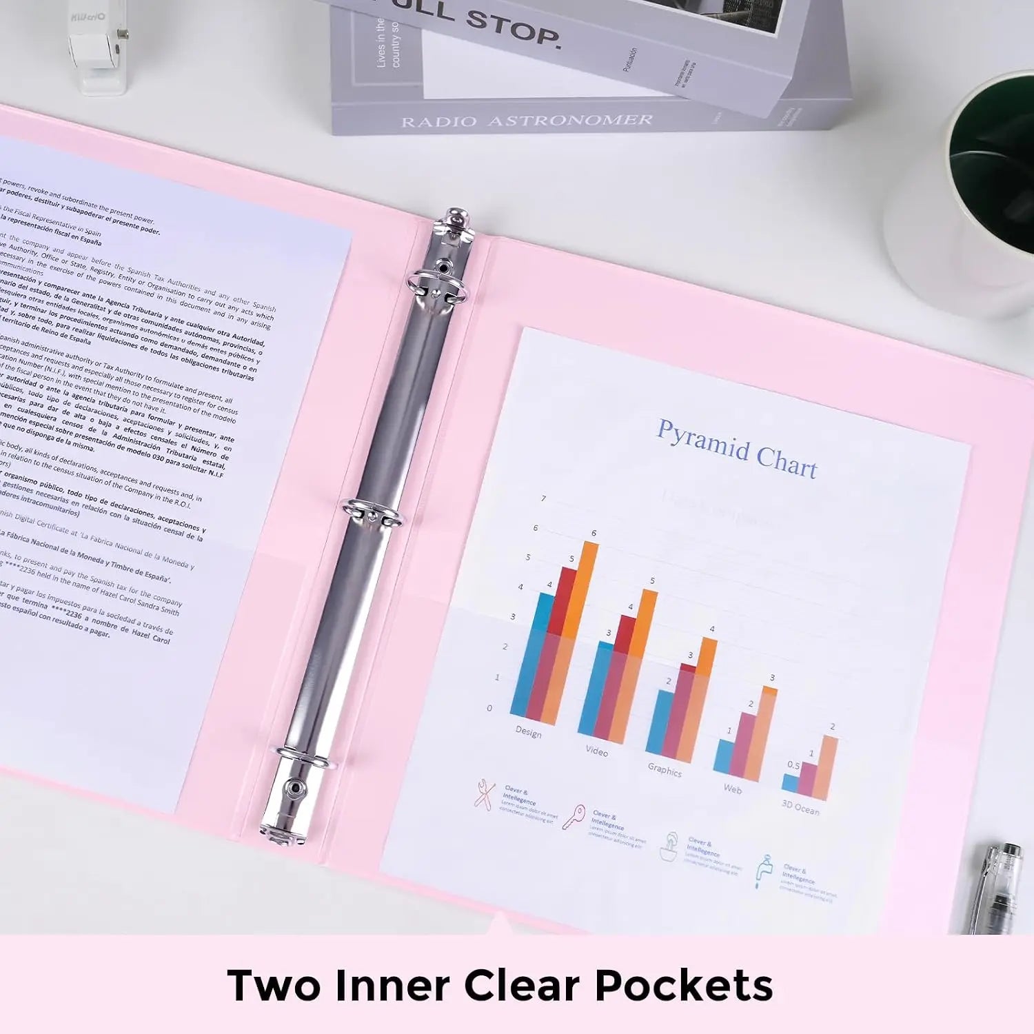 3 Ring Binder 2 Pack, 1 Inch Clear View Binders with 2 Interior Pockets, Round Ring Binder for Office & School Supplies, Pink and Purple